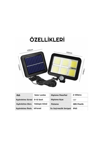 Kumandalı 3 Modlu Hareket Sensörlü Güneş Enerjili Solar 120 Cob Led Bahçe