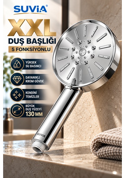 Duş Başlığı Xxl Duş Sistemi 5 Fonksiyonlu 130 Mm Geniş Başlık Yüksek Basınçlı Krom El Duşu