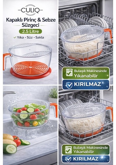 Dayanıklı Saplı Şeffaf Sebze & Meyve Süzgeci Kolay Yıkama Ve Süzme Gri
