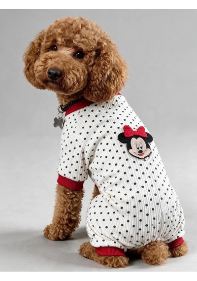 Polka Dot Rouge Minny Köpek Tulumu Siyah Beyaz Puantiyeli Penye Köpek Pijaması