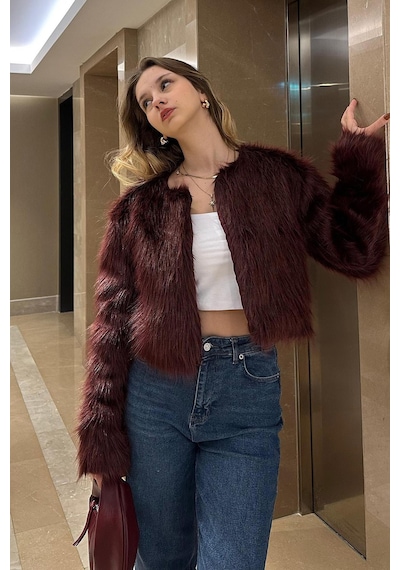 Madmext Bordo Bisiklet Yaka Kadın Suni Kürk Mont Mg2176 Bordo