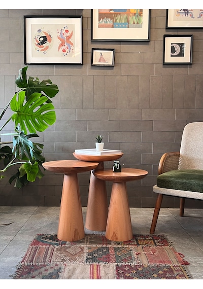 3'lü Zigon Mantar Sehpa Mushroom Masif Ahşap Modern Yan Sehpa Takımı Siyah