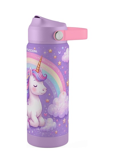 Puccon 540 Ml Unicorn Desenli Lila - Pembe Kız Çocuk Pipetli Çelik Termos Matara/suluk - 60043