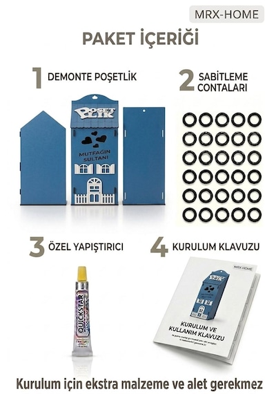 Mrx -home Dekoratif Poşetlik Duvara Asılabilir & Tezgah Üstü Mutfak Organizer Mavi