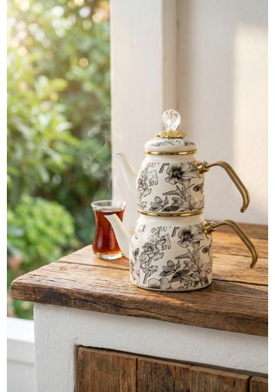 Acar Xap-10386 Scottish Garden Mini Emaye Çaydanlık Takımı Beyaz