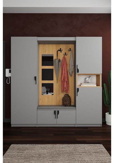 Lüks Aynalı Portmanto Askılı Vestiyer %100 Mdf Çok Raflı Ayakkabılık V04 Kül Gri - Karina Lüks Aynalı Portmanto Askılı Vestiyer %100 Mdf Çok Raflı Ayakkabılık V04 Kül Gri - Karina