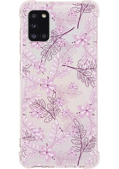 Samsung Galaxy A31 Uyumlu Köşe Korumalı Antişok Kapak Floral Pudra Tasarımlı Şeffaf Kılıf