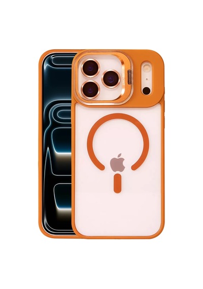Joko Apple iPhone Uyumlu  17 Pro Max Uyumlu Remim Lensli Magsafe Standlı Kapak - Turuncu
