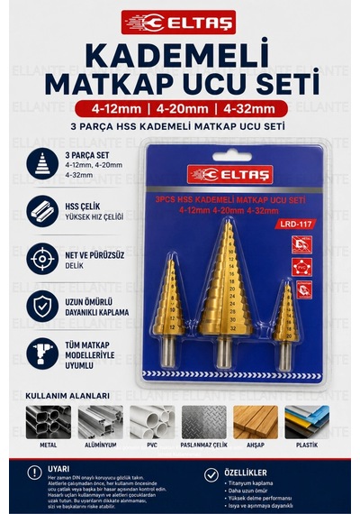 3 Parça Hss Titanyum Kaplamalı Kademeli Matkap Ucu Seti 4-12 / 4-20 / 4-32 Mm