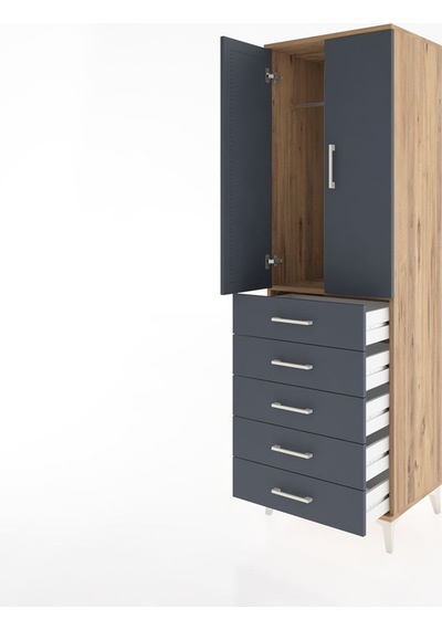 Hyperion Dolap Tek Raflı 5 Çekmeceli Tek Askılı 60x44x195 Çam... Çam