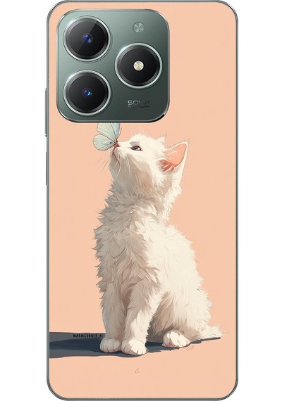 Realme C61 Uyumlu Beyaz Kelebekli Kedi Baskılı Silikon Kılıf Renkli