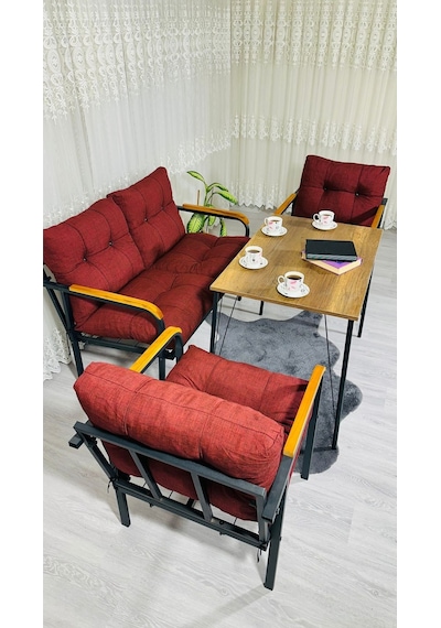Madame Home Kadife Balkon, Bahçe,teras,cafe - Salon - Metal Kanepe Koltuk Takımı - 2+1+1 + Masa Bordo