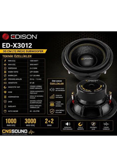 Edison Ed-x3012 30 Cm 1000 Rms 3000w 2+2 Ohm Oto Bass Subwoofer
