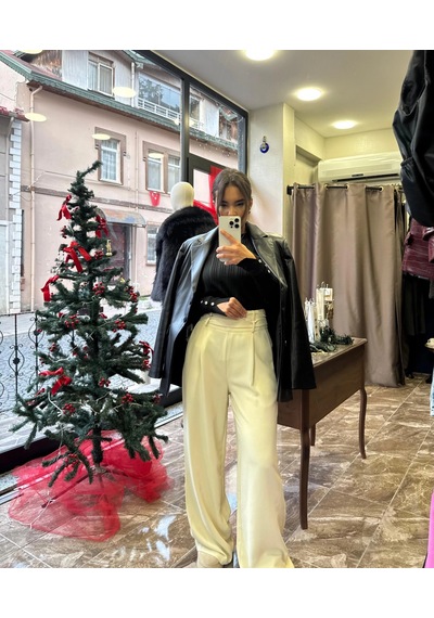 Ayçagüney Örme Kumaş Beli Kuşaklı Bol Pantolon - Vanilya Vanilya