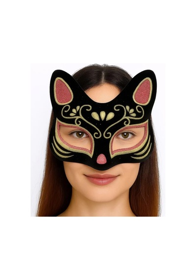 Jenerik Siyah Renk Süet Kaplama Üzeri Kırmızı Sarı Simli Kedi Maskesi 17x14 Cm Diğer