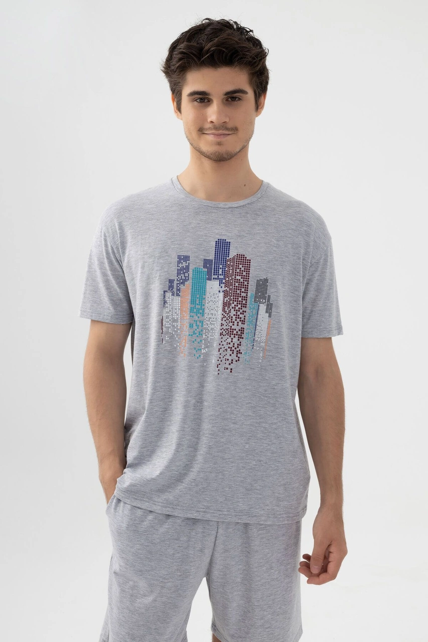 Erkek Gri Melanj Baskılı Şortlu Pijama Takımı Ko6305ts-2 Gri Melanj