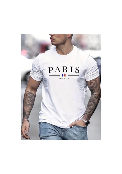 Caddemia Yaz Rahat Gevşek Büyük Boy Paris Fransız Desen Baskılı Rahat Yuvarlak Yaka Beyaz 2XL