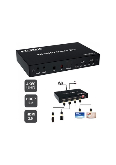 2x2 Hdmı Matrix 4k 60hz Değiştirici 2 İn 2 Out Optik & R/l Ses Çıkışı