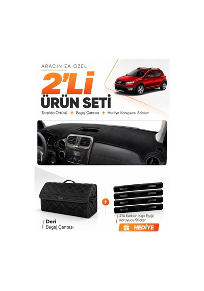E-biz Dacıa Sandero Stepway 2015-2021 Uyumlu Torpido Örtüsü + Deri Bagaj Çantası - Siyah - Da004