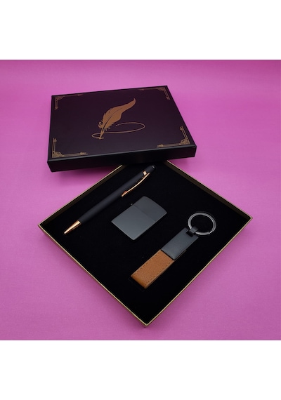 Siyah Rubber Kalem Çakmak Ve Anahtarlık Set Çok Renkli