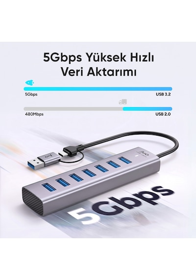Juo Type-c Ve Usb-a 7 Portlu 7 Usb 3.0 5gbps Usb Hub Çoklayıcı Dönüştürücü