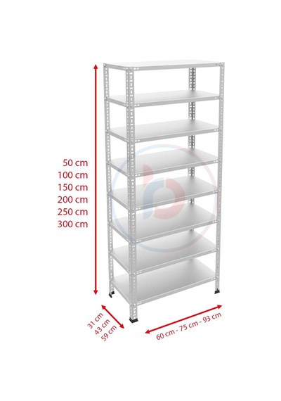 Raf Burada  8 Katlı Galvaniz Çelik Raf - Depo, Arşiv, Kiler, Dosya, Market Rafı-31x75 cm-100 cm-0.70 mm