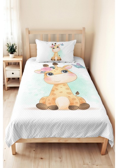 Evimde Bambaşka Zürafa Pastel Mint Kız Çocuk Pike Takımı-çiçekli Sevimli Pembe Bebek Odası Yatak Örtüsü-160x220  CM