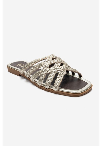Luvishoes Luvi Shoes Alısha Altın Hakiki Deri Örgü Bantlı Kadın Terlik Altın