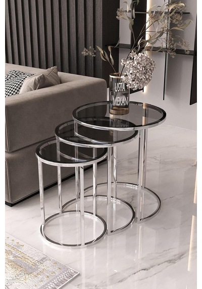 Usta Gümüş Metal Füme Cam 3 Lü Zigon Sehpa Gümüş-füme Çok Renkli