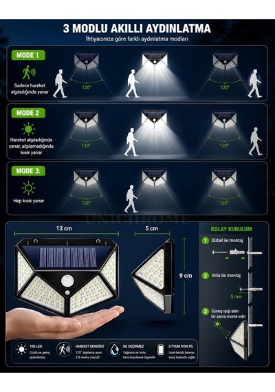100 Led Solar Pır Hareket Sensörlü Su Geçirmez Duvar Lambası Ip65 Çok Renkli