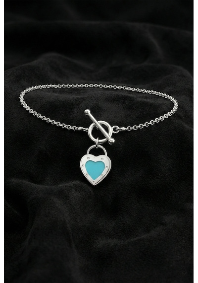 Roza Silver 925 Ayar Turkuaz Mineli Kalp Kilit Detaylı Charm Gümüş Bileklik Ayarlanabilir Rzb10087 Gümüş