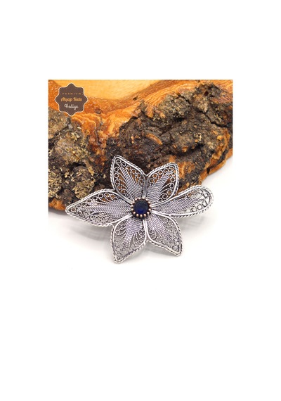 Safir Taşlı Lotus Model Oksitli Telkari Gümüş Kadın Broş 201025191 Gümüş