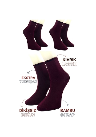 Premium 3 Çift Bordo Bambu Kadın Lastiksiz Roll Top Soket Dikişsiz Çorap/ız Bırakmaz/sıkmayan Çorap Bordo