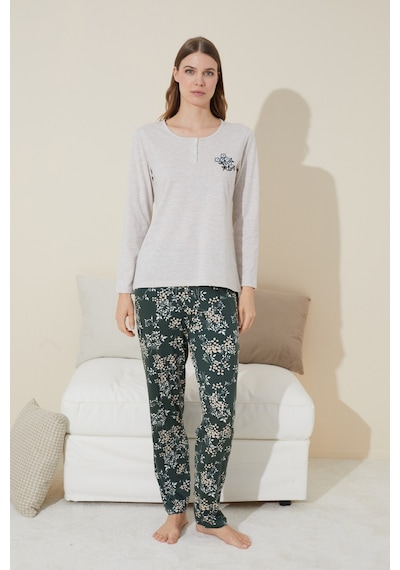 Siyah İnci Düğmeli Pamuklu Örme Pijama Takım 24240099 Bej
