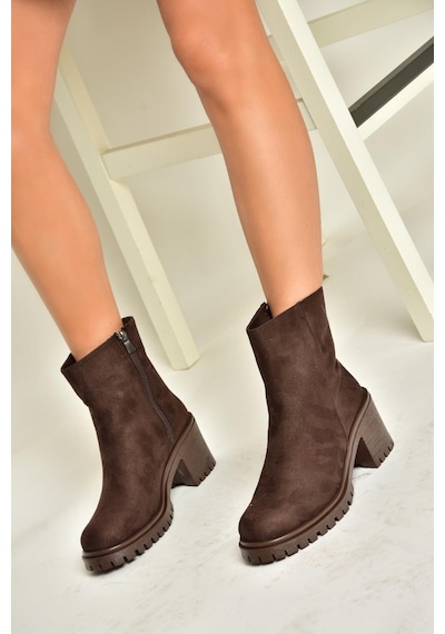 Fox Shoes T726911102 Kahverengi Süet Kalın Topuklu Kadın Bot Kahverengi