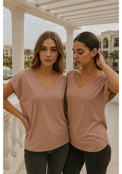 Kadın Pembe Viskon Ön Arka V Yakalı T-shirt Yarasa Kol Relaxed Bluz Çok Renkli Kadın Pembe Viskon Ön Arka V Yakalı T-shirt Yarasa Kol Relaxed Bluz Çok Renkli