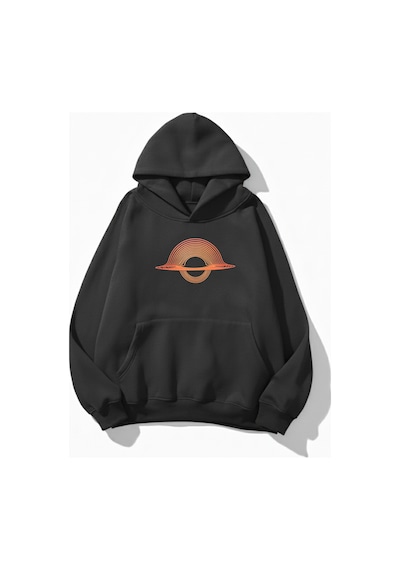 Uyguntarz Unisex Yumuşak Dokulu Çizgi Saturn Baskılı Tasarım Oversize 3 İplik Hoodie Sweatshirt Gri