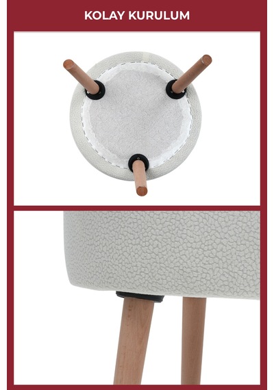 Modern Ahşap Ayaklı Dekoratif Puf, Tabure 6096 Kırıkbeyaz