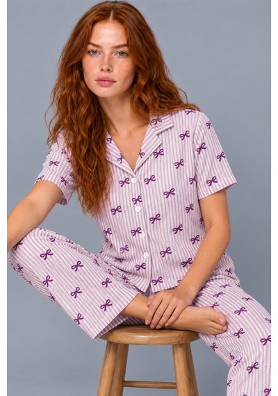 Kadın Çizgili Fiyonk Desenli Mor Kısa Kollu Pijama Takımı 4811