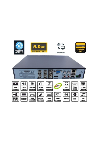 Technozi 4 Kanal 5 Mp Kamera Kayıt Cihazı Ahd Dvr 1080p H265+ Plus 5 İn 1 Hibrit Xmeye