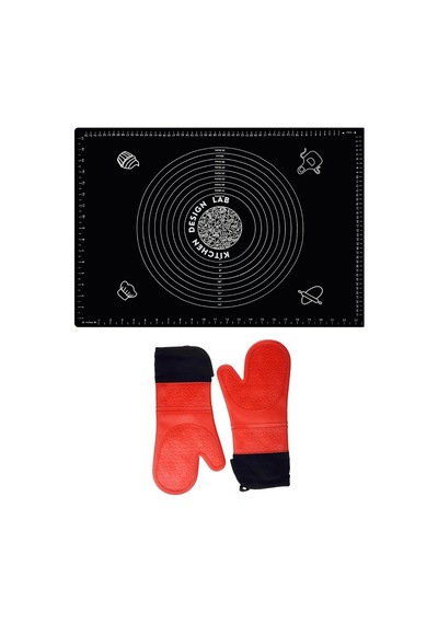 2'li Set Siyah 45x65 Cm Silikon Hamur Açma Matı Ve Kırmızı Yanmaz Mutfak Fırın Eldiveni Diğer