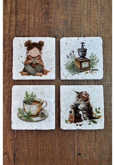 Doğal Taş Bardak Altlığı Sevimli Kız Ve Kedi Kahve Temalı -10x10cm Stone Coasters Çok Renkli