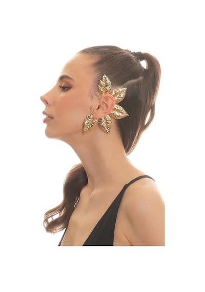 Kadın Altın Renk Lak Kaplama Zirkon Taşlı Dokulu Yaprak Stilizesi Sol Kulak Earcuff&kıkırdak Küpe Çok Renkli