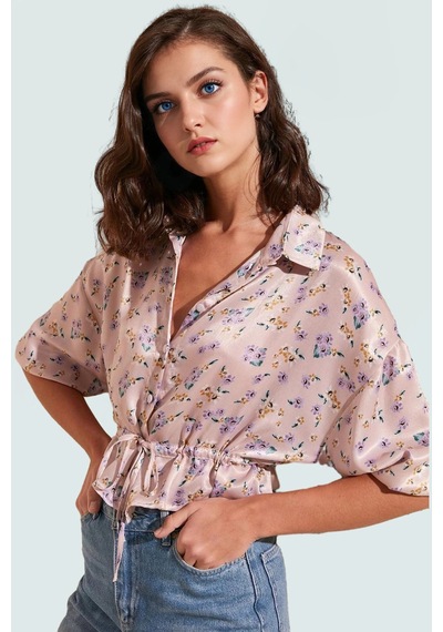 Ersefa Çiçek Desenli Saten Bluz Kadın Crop Düğmeli 100% Polyester Daya Pudra