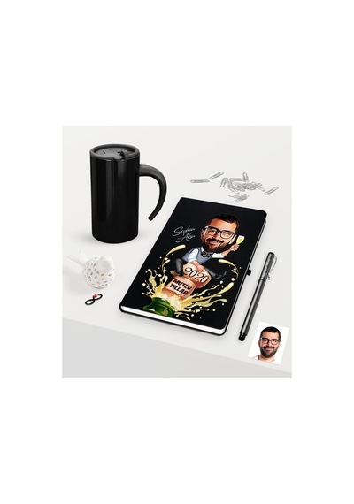 Kişiye Özel Yılbaşı Bay Karikatürlü Siyah Defter Kalem Termos Mug (397195001)