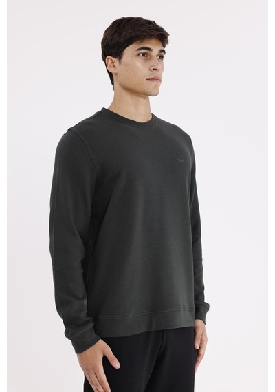 Rowinger Yatay Dokulu Ottoman Yüzey Tonal Logo Detaylı Bisiklet Yaka Standart Kalıp Sweatshirt Haki