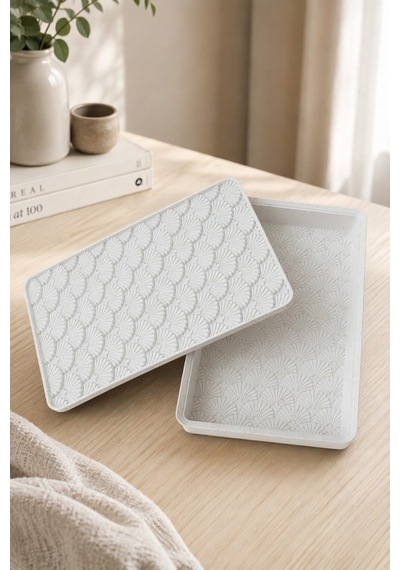 Desenli Kapaklı Dekoratif Kutu Masa Üstü Organizer Takı Aksesuar Saklama Kutusu Pla 20x12.5 Cm Beyaz