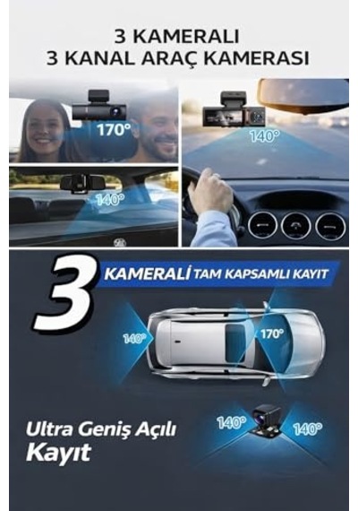 4k Ultra Hd 3 Kameralı Araç Kamerası, Wifi Ve Gps Takipli, Gece Görüşlü, G-sensörlü, Ön + İç + Arka Kayıt