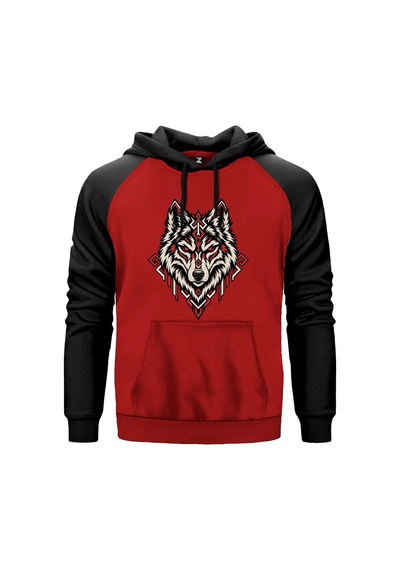 Geometrik Bozkurt Gri Renk Reglan Kol Sweatshirt Kapşonlu