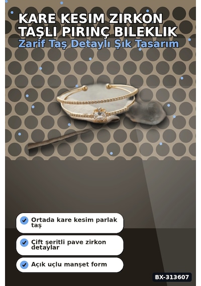 Bay Simetrik Kare Kesim Zirkon Taşlı Pirinç Kadın Bileklik 18 Cm Tekli Paket Bx-313607 Najmaddin Standart